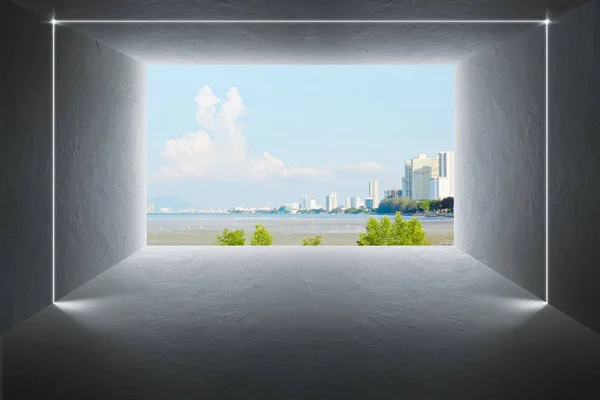 Espacio Vacío Muro Cemento Con Paisaje Urbano Ventana Abierta Panorámica — Foto de Stock