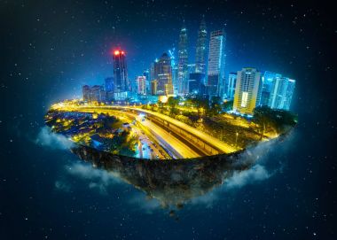 Fantezi Adası gece gökyüzü arka plan üzerinde trafik yol modern şehir manzarası ile havada yüzer