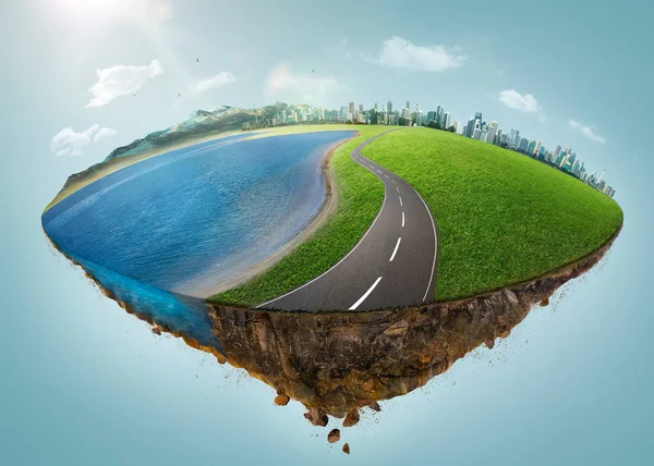 Isla Fantasía Flotando Aire Con Campo Verde Lago Carretera Montañas — Foto de Stock