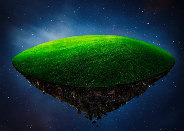 Fantasy island floating in air with green field on night sky background