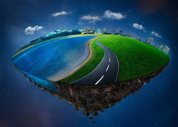 Fantasy Island Floating Air Green Field Lake Road Mountains Night — Stock Photo, Image