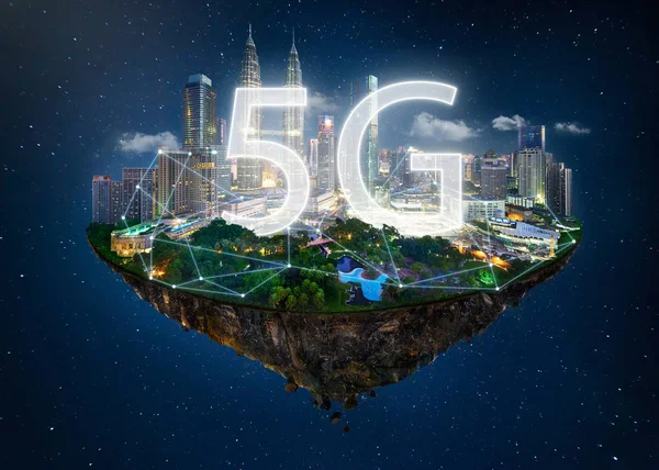 Fantasy island floating in the air with network light, communication 5G network concept on night sky background