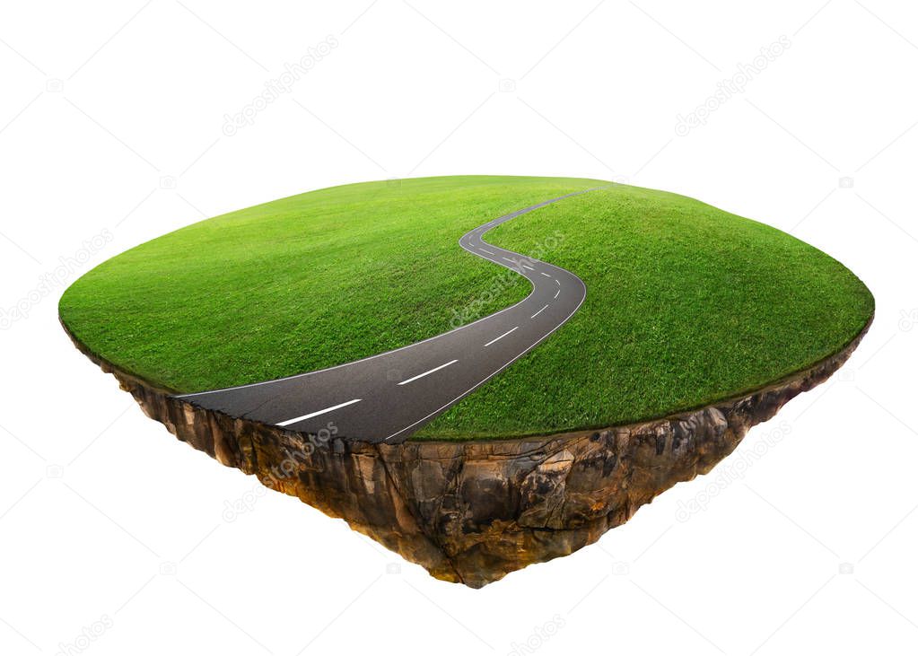 Fantasy island floating in air with green field and road isolated on white background