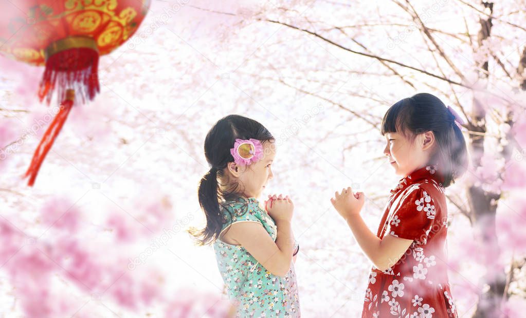 Two girls standing opposite in sakura garden on blurred background, chinese new year season