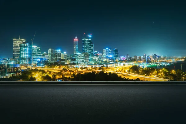 Panoramic View Asphalt Road Side Beautiful Perth City Skyline Night — Stock Photo, Image