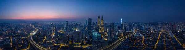 Panorama Aerial View Middle Kuala Lumpur Cityscape Skyline Night Scene — Stock Photo, Image