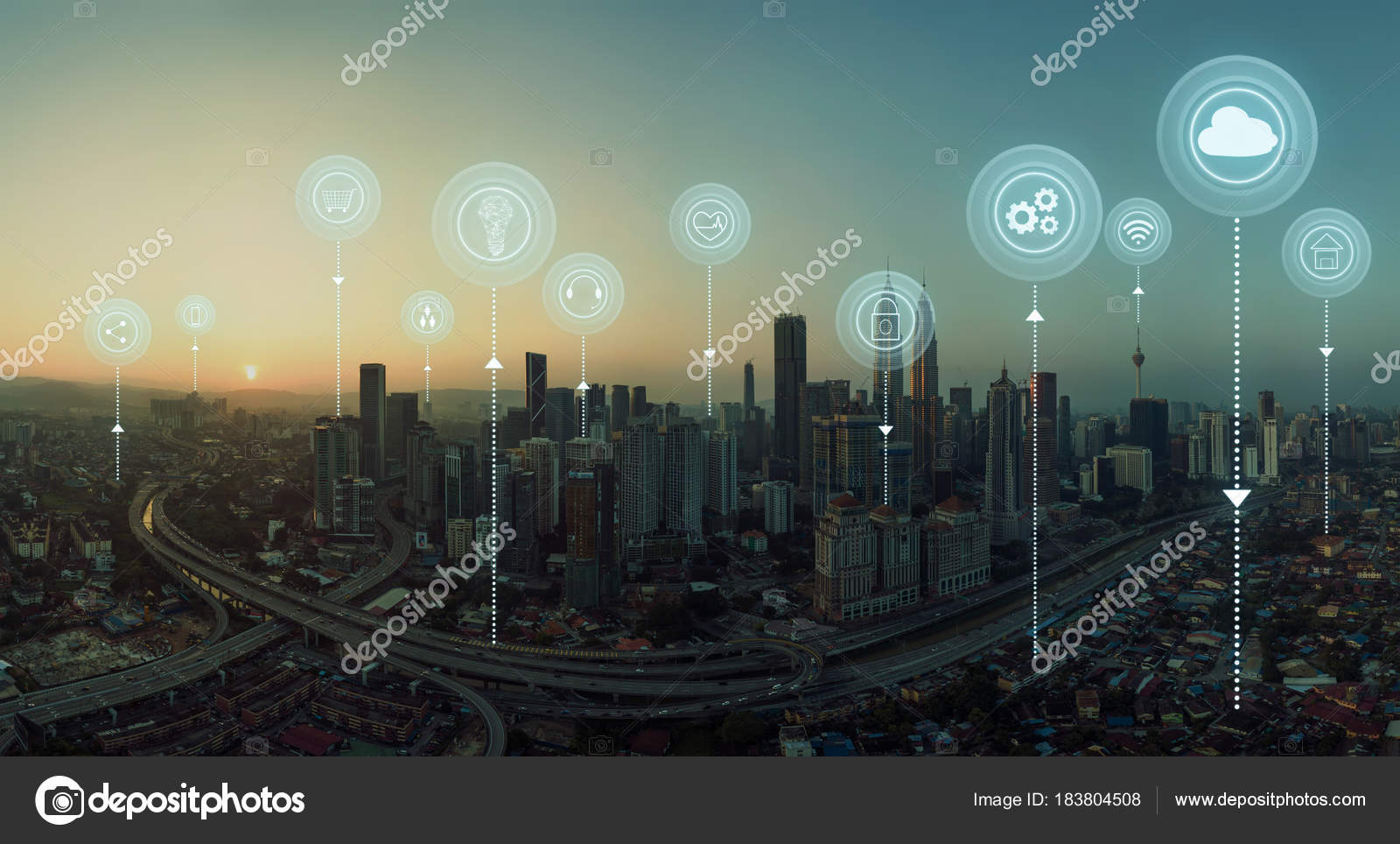 Corporation knal steeg Panorama Aerial View Cityscape Skyline Smart Services Icons Internet Things  Stock Photo by ©jamesteohart 183804508