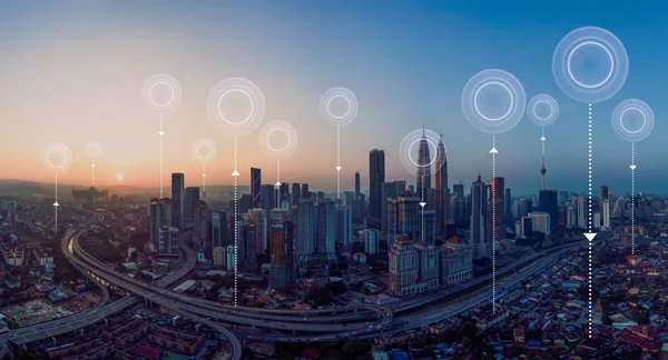 Panorama Aerial View Cityscape Skyline Network Connection Concept Early Morning — Stok Foto