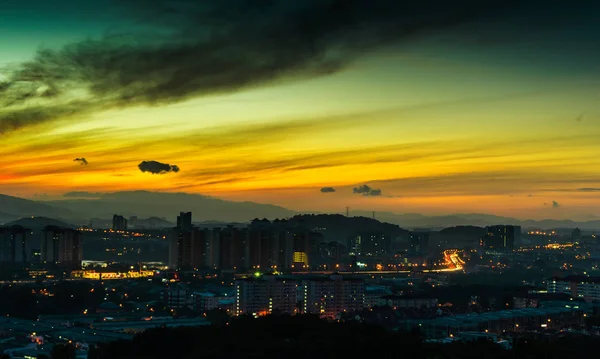 Beautiful Natural Sunrise Silhouettes City Skyline Amazing Orange Clouds Blue — Stock Photo, Image