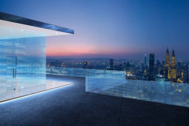 Cam korkuluk ve karo zemin rooftops erken sabah şehir manzarası arka plan ile