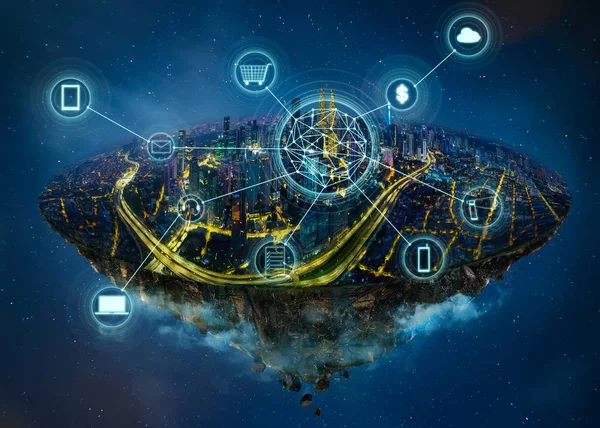 Fantasy Island Unoszące Się Powietrzu Smart City Komunikacji Bezprzewodowej Sieci — Zdjęcie stockowe
