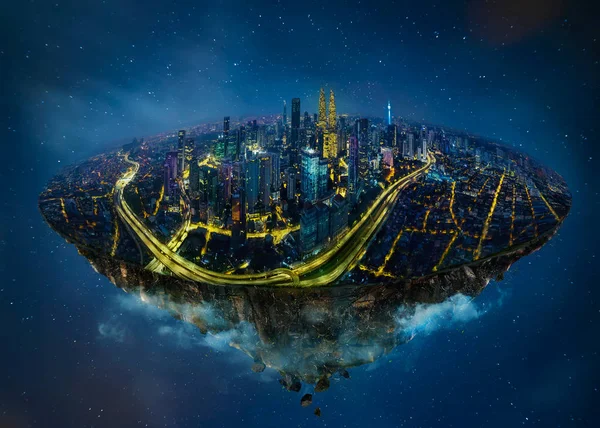 Fantasy Island Flyter Luften Med Moderna City Skyline Och Sjön — Stockfoto