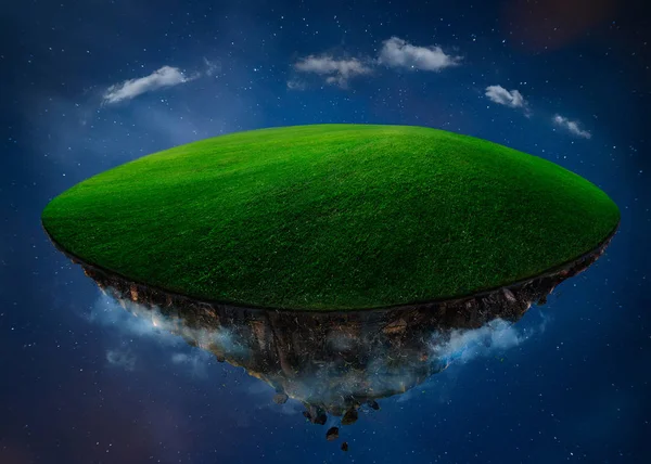 Fantasy island floating in air with green field. Night scene