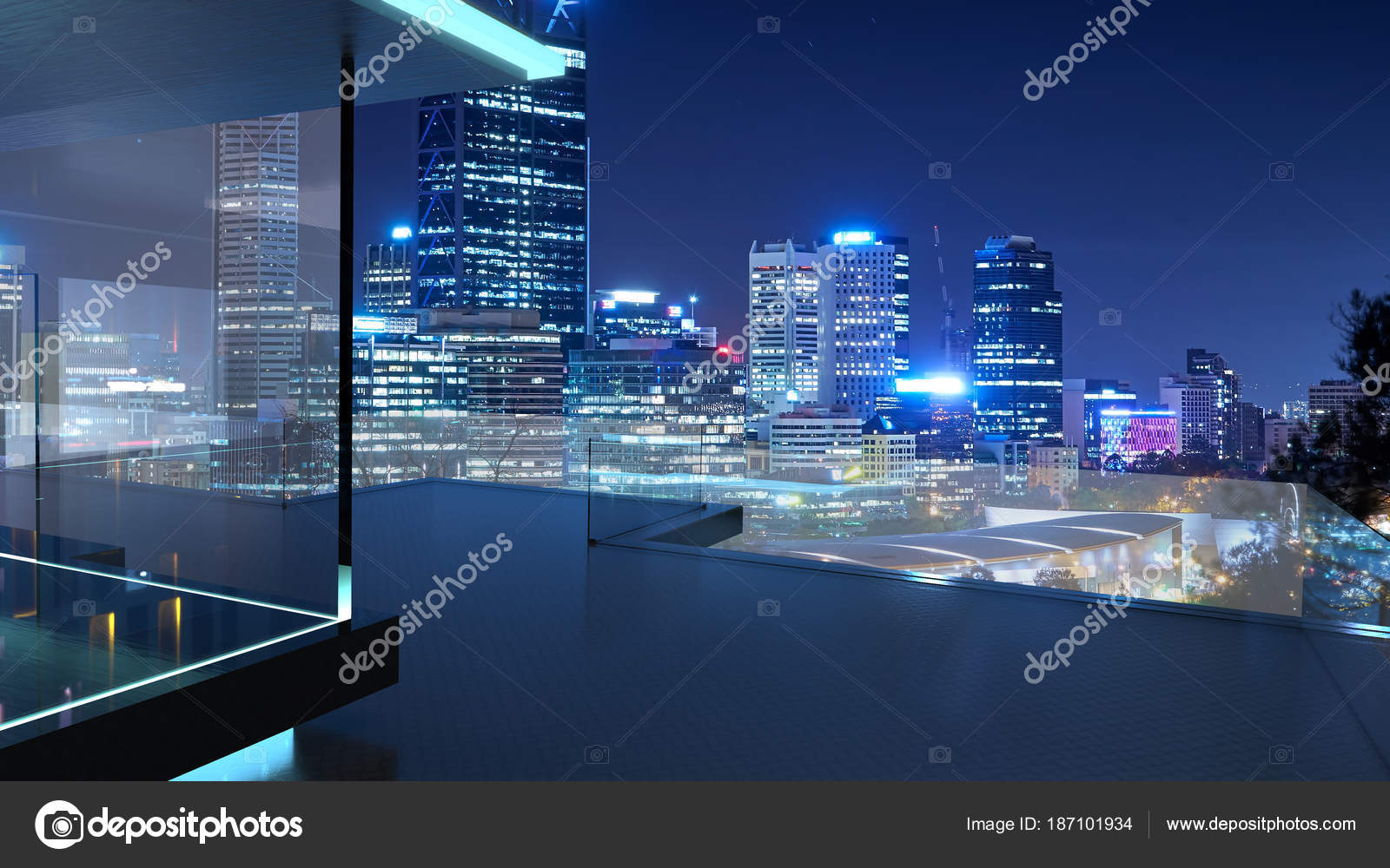 Rendering Modern Glass Balcony City Skyline Real Photography Background  Night Stock Photo by ©jamesteohart 187101934