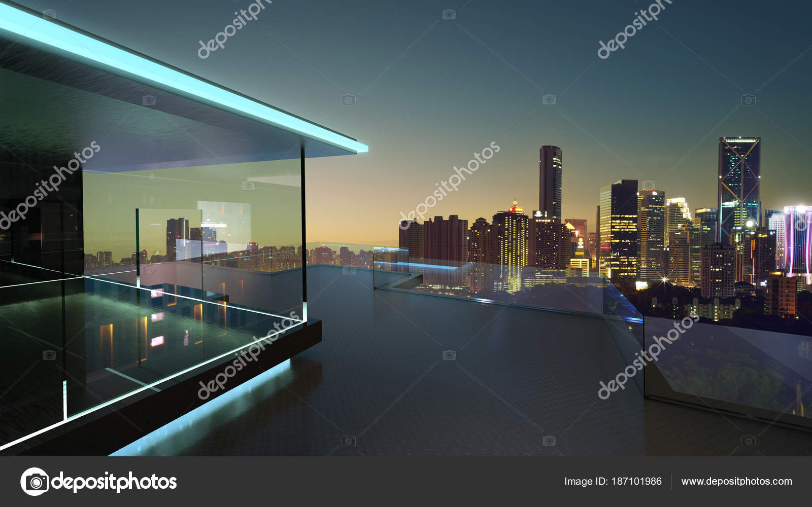 Rendering Modern Glass Balcony City Skyline Real Photography Background  Night Stock Photo by ©jamesteohart 187101986