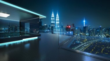 3D render kuala lumpur şehir manzarası gerçek fotoğraf arka plan, gece sahne ile modern cam balkon. Karışık teknik .