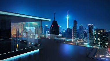 3D render şehir manzarası gerçek fotoğraf arka plan, gece sahne ile modern cam balkon. Karışık teknik .