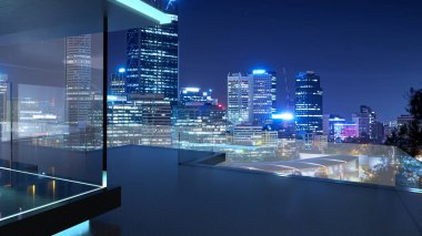 3D render şehir manzarası gerçek fotoğraf arka plan, gece sahne ile modern cam balkon. Karışık teknik .
