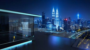 3D render kuala lumpur şehir manzarası gerçek fotoğraf arka plan, gece sahne ile modern cam balkon. Karışık teknik .
