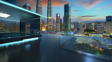3D render kuala lumpur şehir manzarası gerçek fotoğraf arka plan, gece sahne ile modern cam balkon. Karışık teknik .