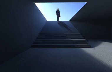 Kararsız işadamı durmak seyir ve düşünme merdivende .