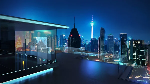 Weergave Van Een Moderne Glazen Balkon Met Stad Skyline Echte — Stockfoto
