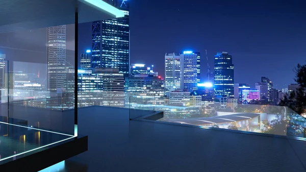 Rendering Moderno Balcone Vetro Con Skyline Della Città Sfondo Fotografia — Foto Stock