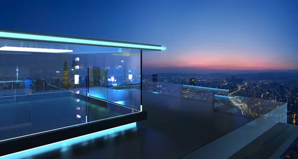 Renderowania Nowoczesne Szkła Balkon City Skyline Rzeczywistym Fotografii Tło Scena — Zdjęcie stockowe