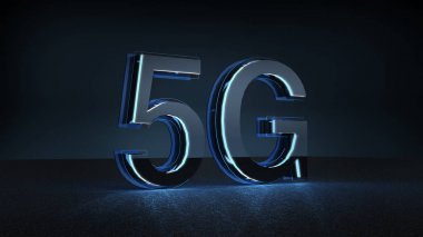 3D render 5g fütüristik yazı tipiyle mavi neon ışık. Mobil ağ hız iletişim teknoloji kavramı