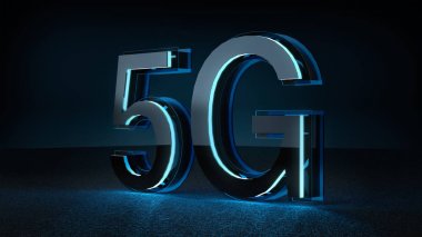 3D render 5g fütüristik yazı tipiyle mavi neon ışık. Mobil ağ hız iletişim teknoloji kavramı
