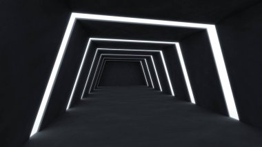 3D render soyut ve fütüristik karanlık oda boş alanı parlayan çizgili ışık.