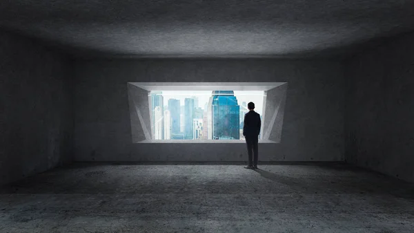 Thoughtful Businessman Standing Empty Space Concrete Room Bright Window Cityscape — Stock Photo, Image