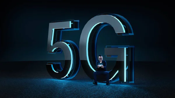 Businessman excited sit on 3D render 5G futuristic font with blue neon light. Mobile network speed communication technology concept . Mixed media.