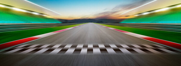 View of infinity empty asphalt international race track. Extreme horizontal format.