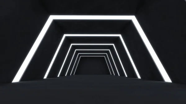 3D Render of abstract and futuristic dark room empty space with glowing stripes light.