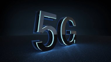 Mavi neon ışık, mobil ağ hız iletişim teknoloji kavramı ile 5g fütüristik yazı tipi 
