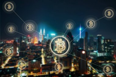 Gece şehir arka plan Bitcoins ve blok-zinciri ağ bağlantısında 