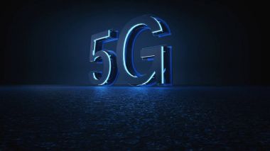 Mavi neon ışık, mobil ağ hız iletişim teknoloji kavramı ile 5g fütüristik yazı tipi 