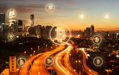 Gece şehir arka plan Bitcoins ve blok-zinciri ağ bağlantısında 