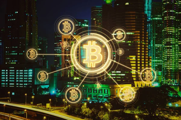 Bitcoins Block Chain Network Connection Night City Background — Stock Photo, Image