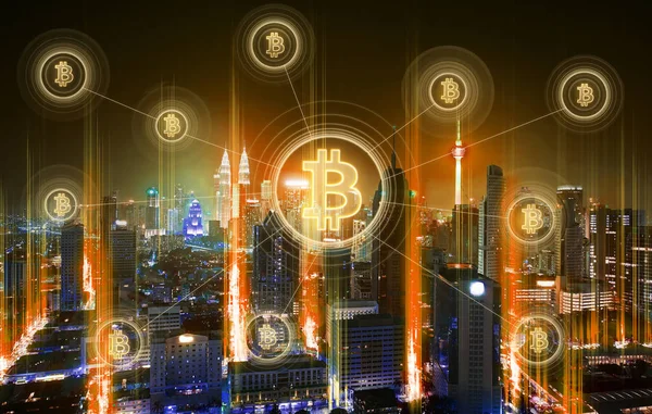 Gece Şehir Arka Plan Bitcoins Blok Zinciri Bağlantısında — Stok fotoğraf