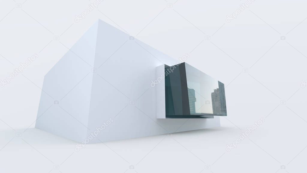 abstract small white box shaped tiny house with glass window 