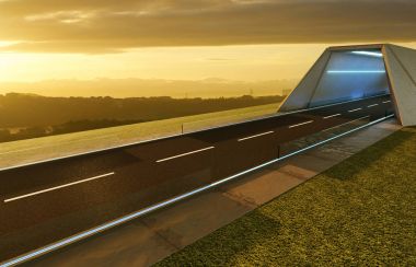 Tünel, yeşil alan ve modern şehir manzarası arka plan boş asfalt yol. Karışık teknik .