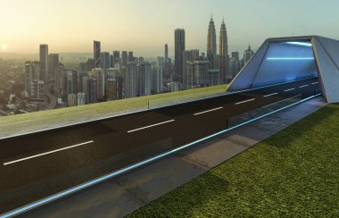 Tünel, yeşil alan ve modern şehir manzarası arka plan boş asfalt yol. Karışık teknik .