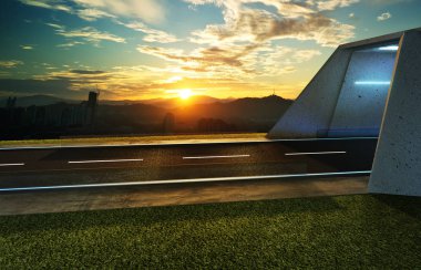 Tünel, yeşil alan ve modern şehir manzarası arka plan boş asfalt yol. Karışık teknik .