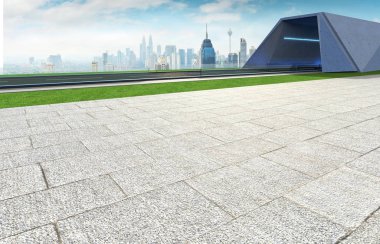 Tünel, yeşil alan ve modern şehir manzarası arka plan boş asfalt yol. Karışık teknik .