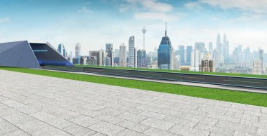 Tünel, yeşil alan ve modern şehir manzarası arka plan boş asfalt yol. Karışık teknik .