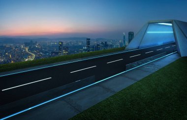 Tünel, yeşil alan ve modern şehir manzarası arka plan boş asfalt yol. Karışık teknik .