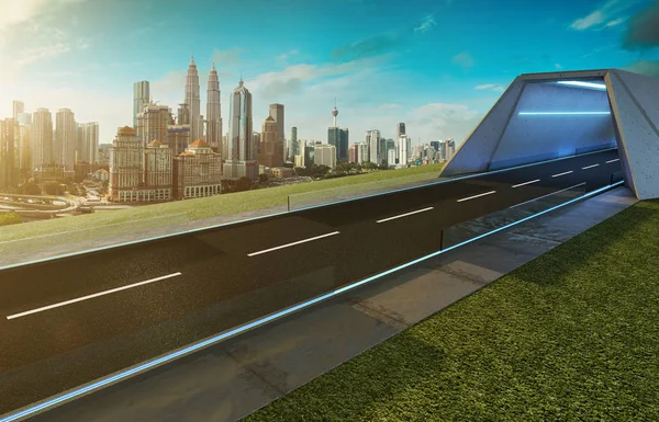 Lege Asfaltweg Met Tunnel Groene Veld Moderne Stad Skyline Achtergrond — Stockfoto