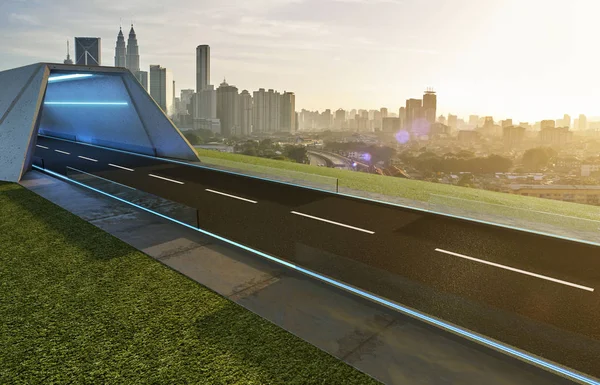 空アスファルト道路トンネル 緑の草原 近代的な都市のスカイラインの背景 ミクスト メディア — ストック写真